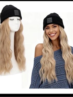 Black Beanie with Long Wavy Blonde Wig - Women's Hair Accessory